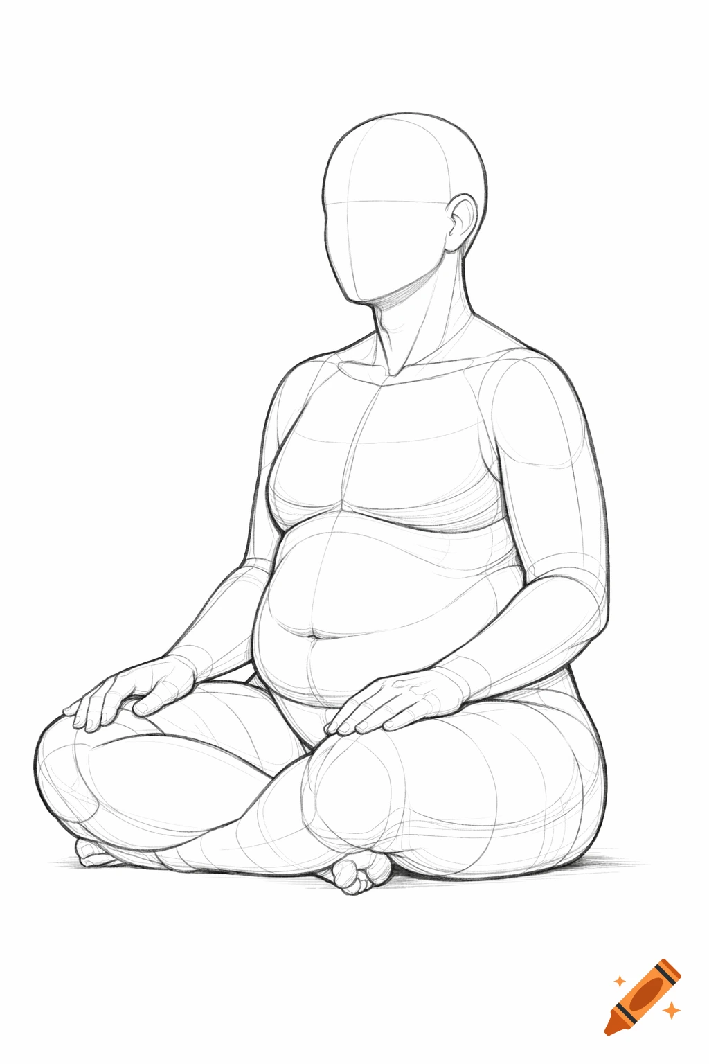 Detailed line drawing of a full-figured person seated cross-legged in a meditative pose, showing anatomical construction lines.