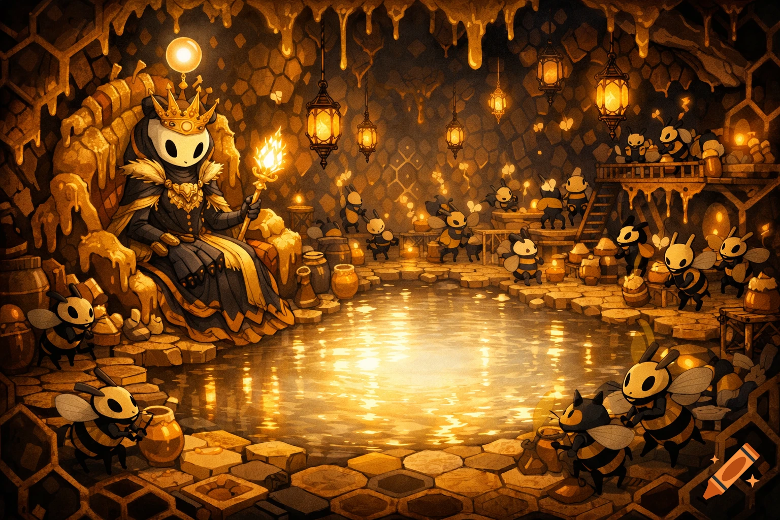 2D digital illustration in Hollow Knight style depicting a bee queen on a honey throne in a busy hive with worker bees and a glowing honey lake.