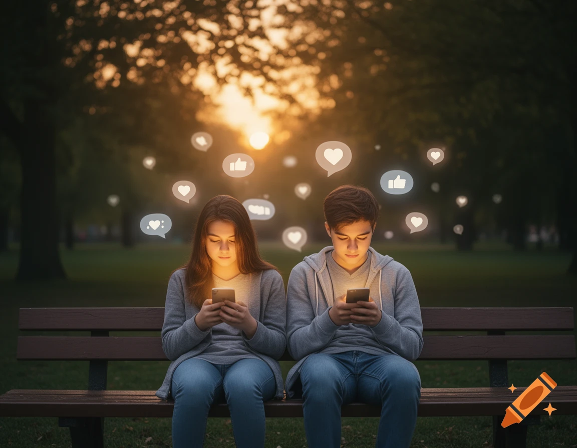 A teenage girl and boy sit on a park bench at sunset, both engrossed in their smartphones as glowing social media icons float around them, in a melancholic, cinematic style.