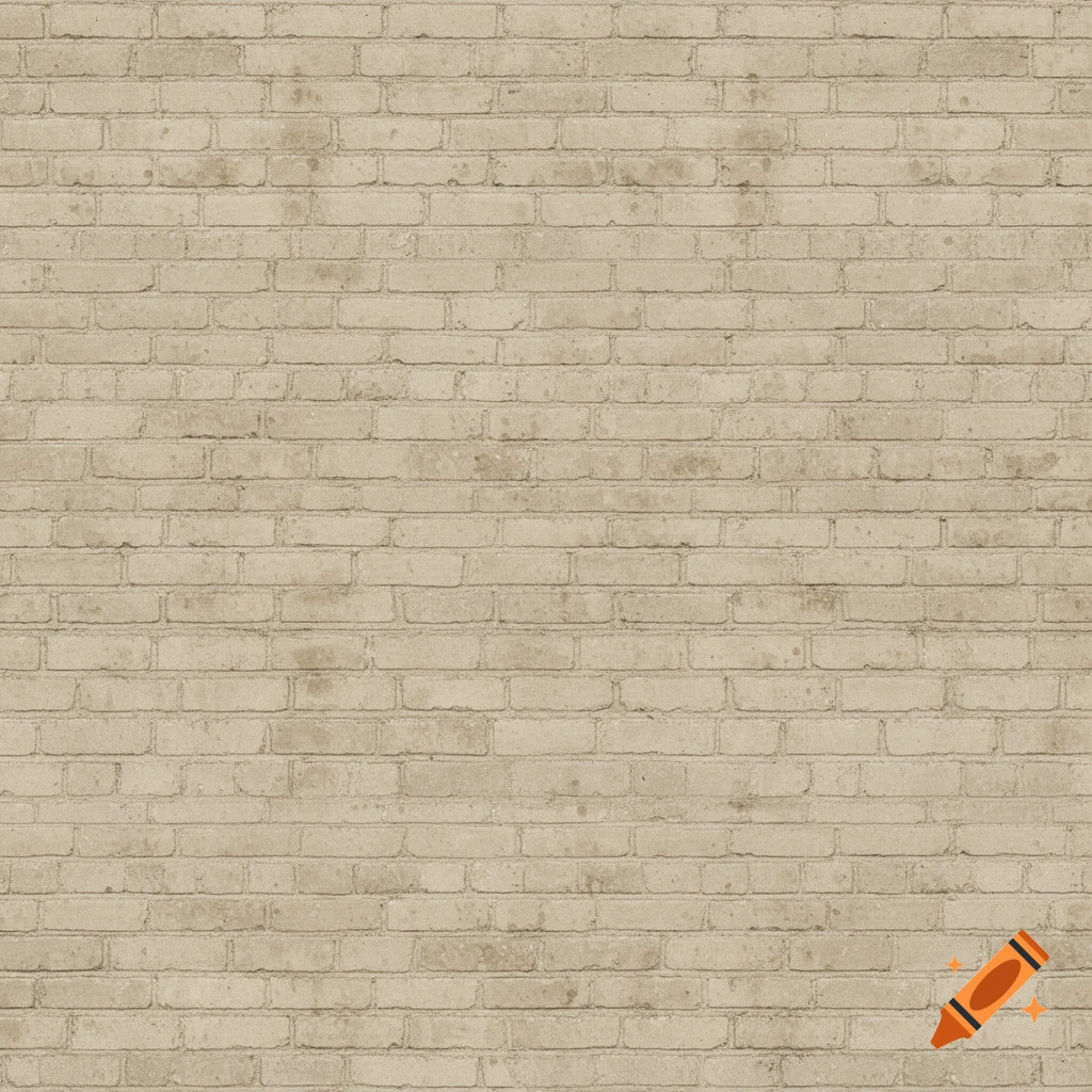 Seamless light beige weathered brick wall texture with subtle stains and realistic mortar joints, front view.