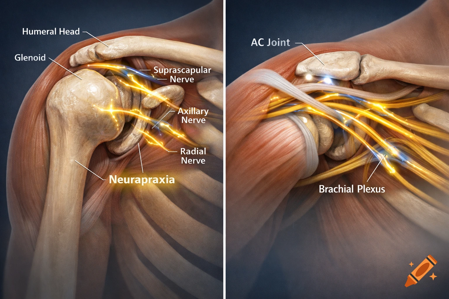 Detailed medical illustration of a human shoulder, showing bones, muscles, and glowing nerves, with labels for anatomical structures and neurapraxia.