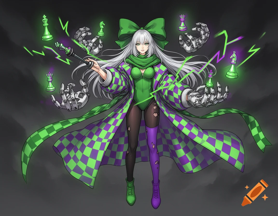 Anime character with silver hair, green bow, green bodysuit, and checkered coat, controlling glowing chess pieces with robotic hands.