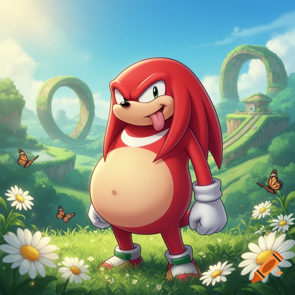 Cartoon Knuckles the Echidna with a big belly and tongue out, standing in a field of daisies with green hills and ring-shaped structures in the background under a blue sky.