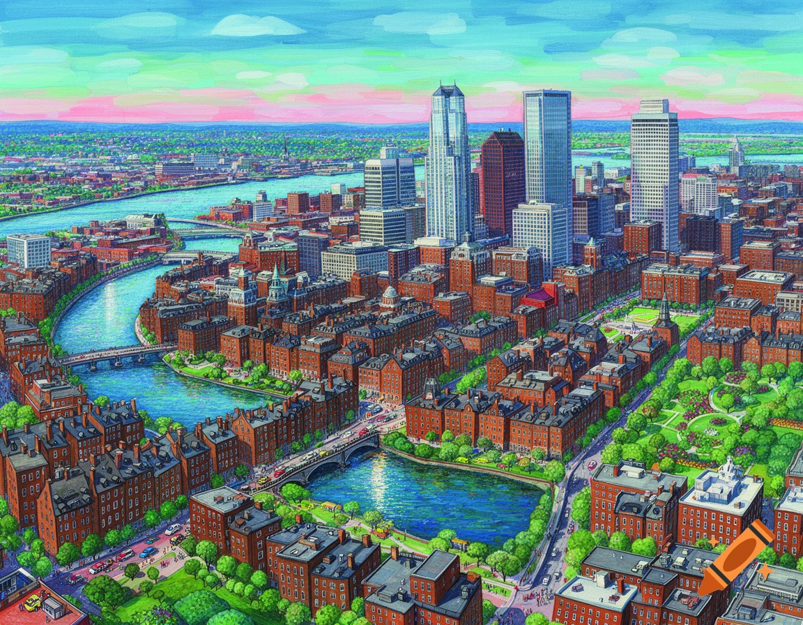 Vibrant aerial painting of a city resembling Boston, featuring a winding river, red-brick buildings, and green parks under a colorful sky.