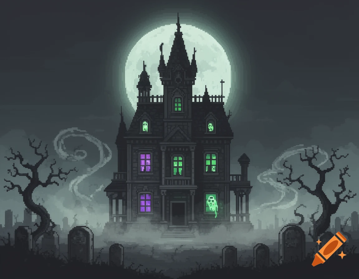 Pixel art of a spooky haunted mansion with glowing windows and a graveyard, under a large full moon on a foggy night.