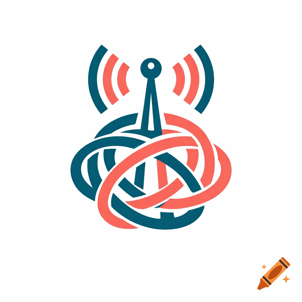 A retro-style symbol with a teal radio antenna emitting coral waves, intertwined with teal and coral looping lines, creating a 3D knot.