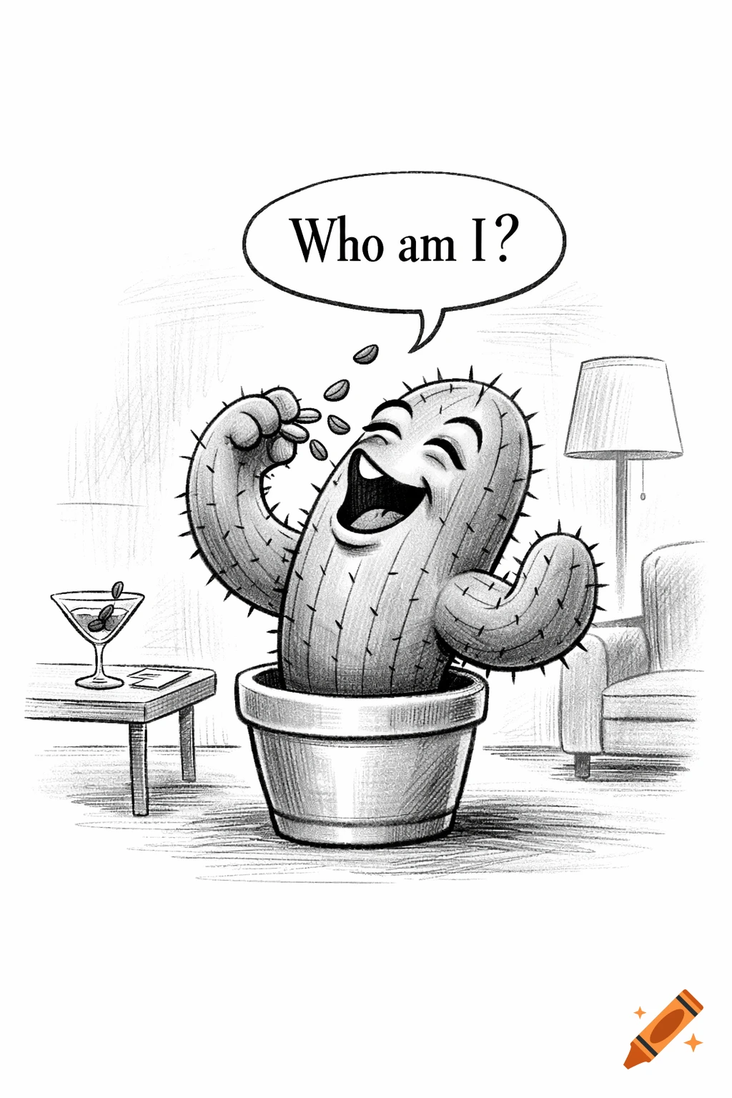 A black and white New Yorker-style cartoon of a smiling cactus in a pot eating sunflower seeds, with a speech bubble saying "Who am I?"