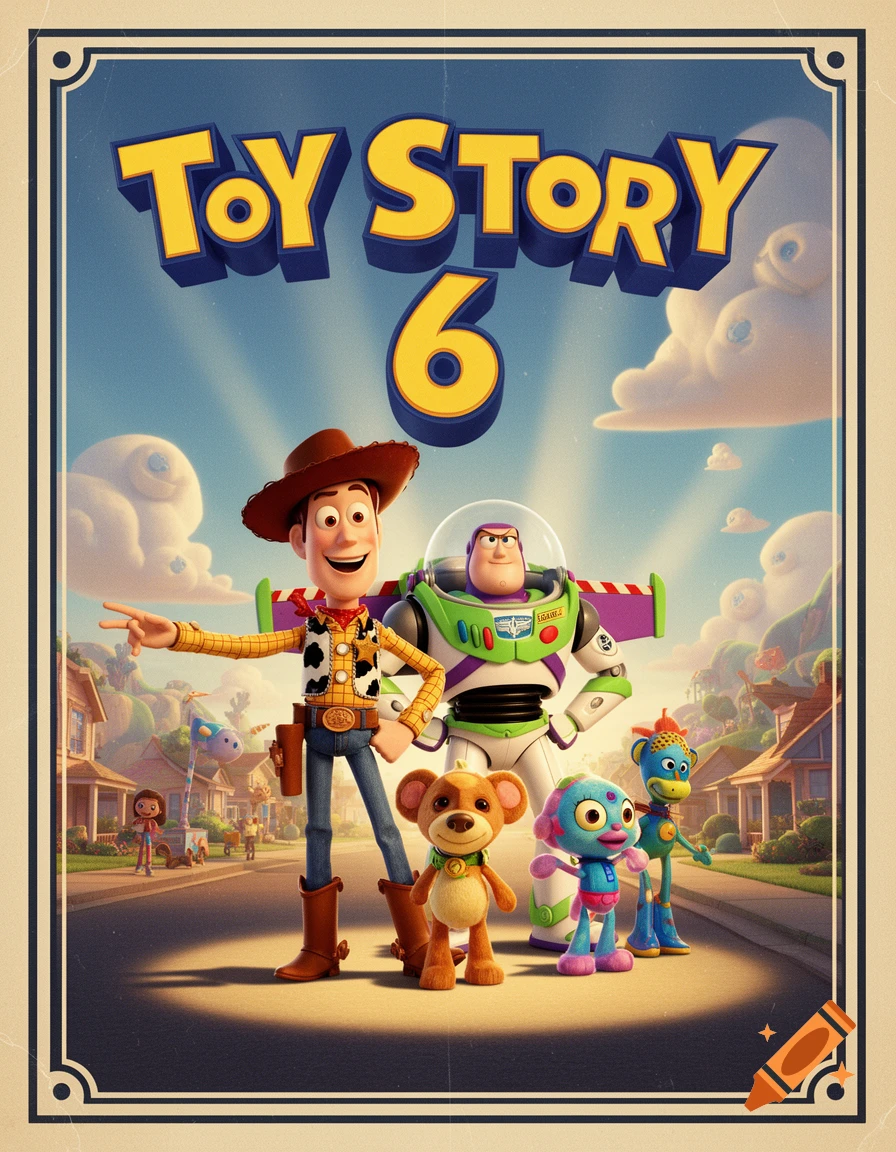 A poster for "Toy Story 6" featuring Woody, Buzz Lightyear, and three new toy characters standing on a road in a suburban neighborhood under a blue sky.