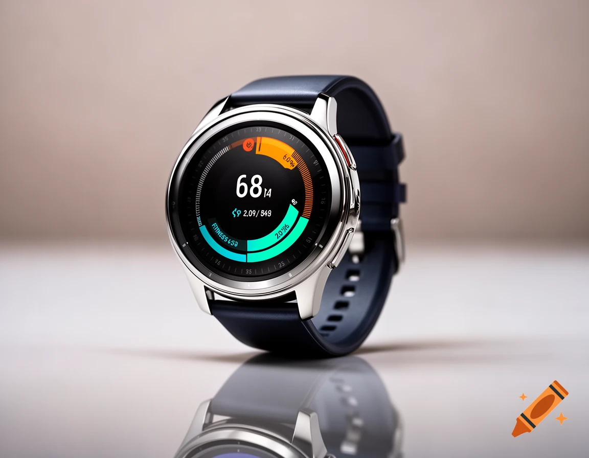 Close-up of a silver smartwatch with a dark blue band, displaying a colorful digital fitness interface.