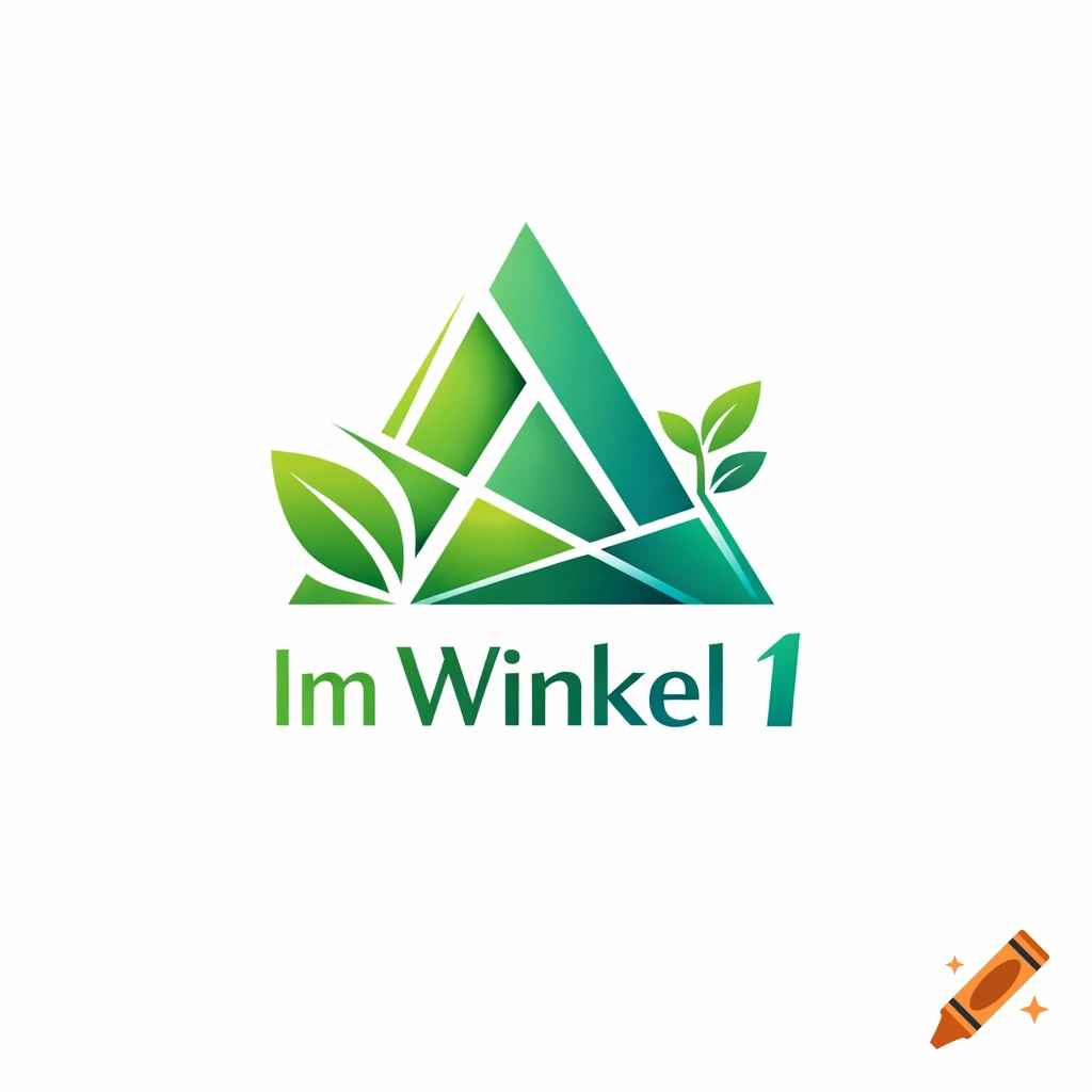 A modern logo featuring green geometric triangles and leaves with the text 'Im Winkel 1'.
