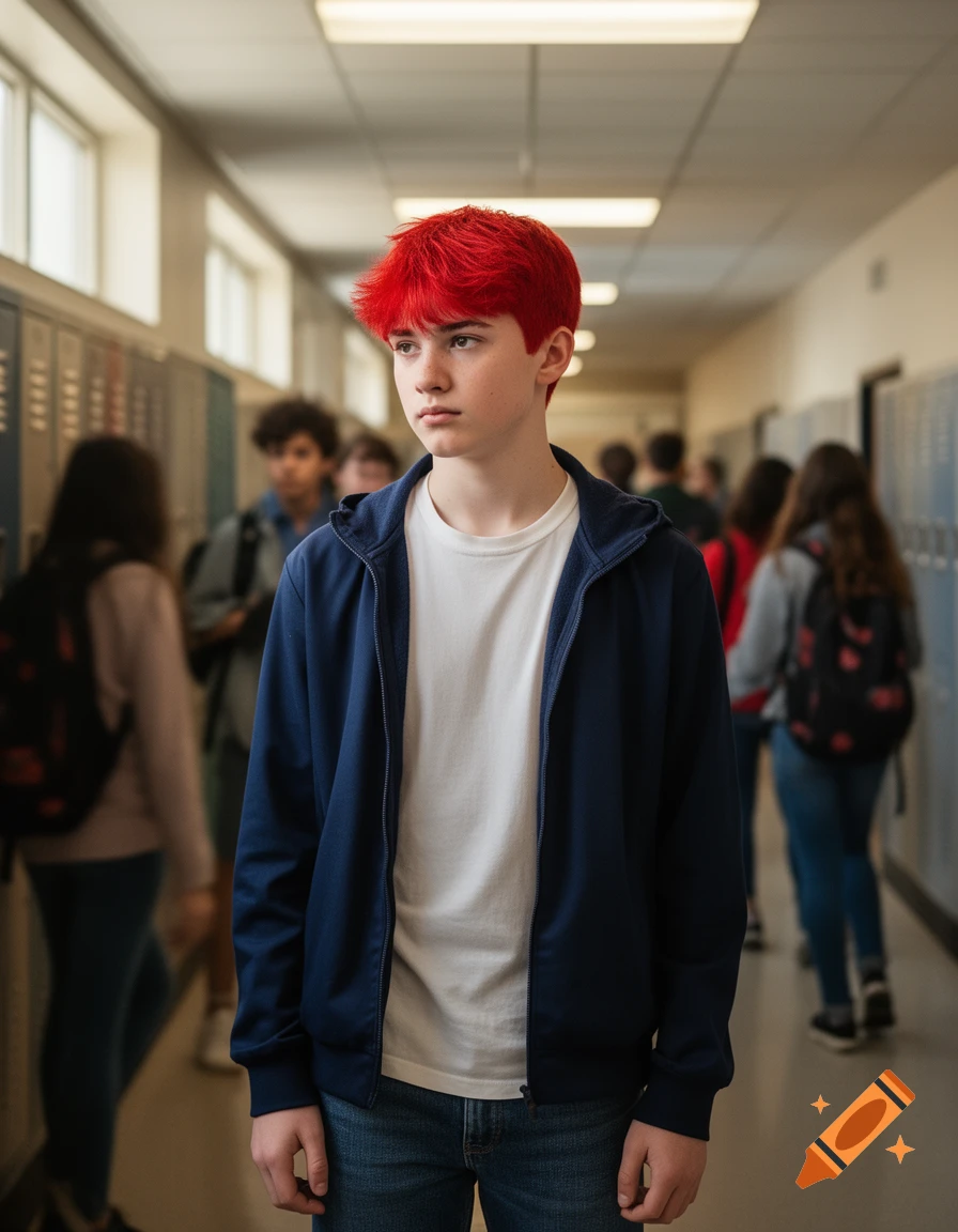 A serious red-haired high school boy in a navy hoodie stands in a school hallway.