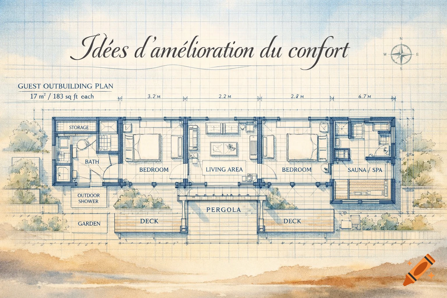 An architectural blueprint of a guest outbuilding, showing two bedrooms, a living area, bath, sauna/spa, and outdoor features like a deck and garden, with a watercolor background.