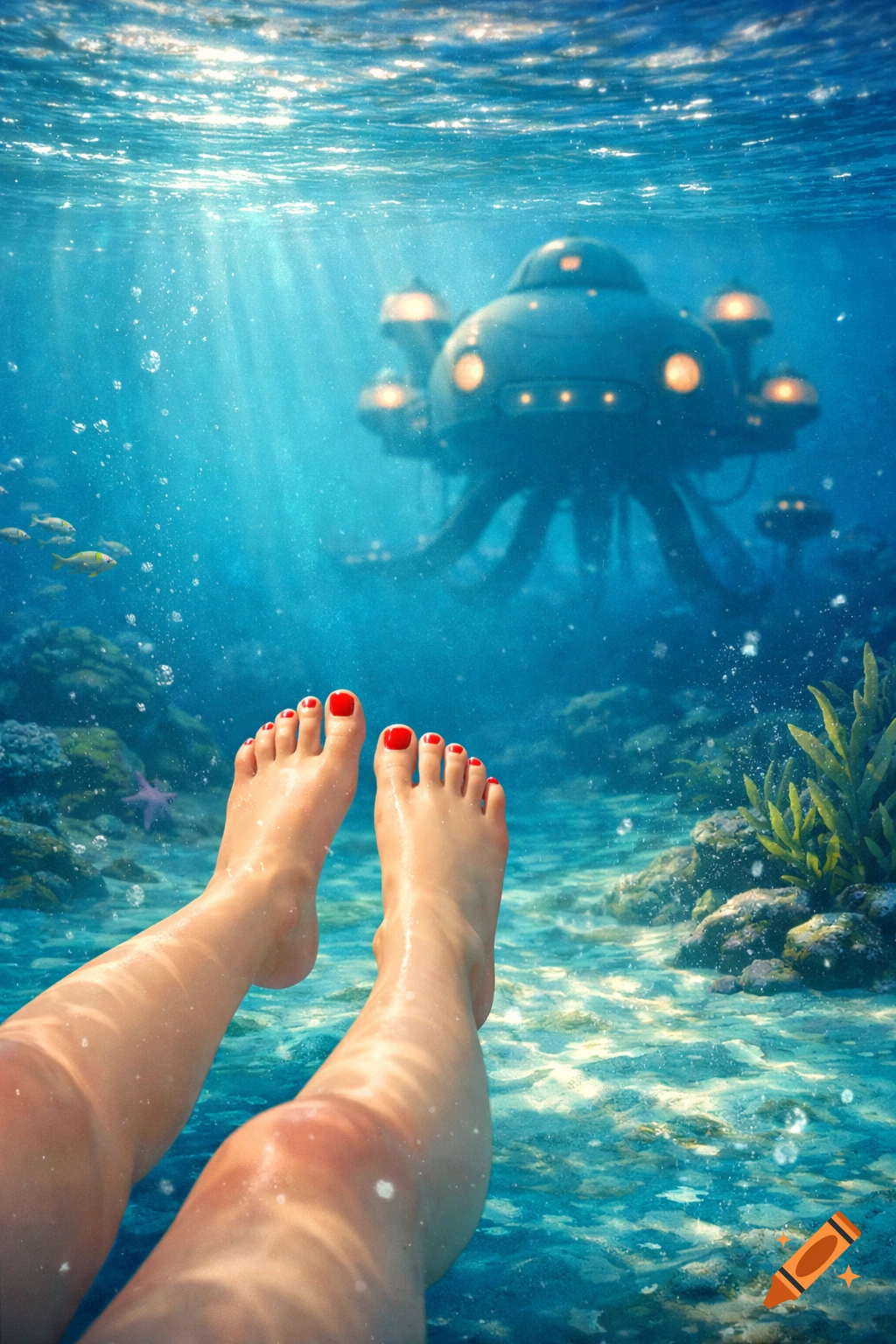 Underwater view of legs with red nail polish floating above a coral reef, with a futuristic Octopod submarine in the distance.