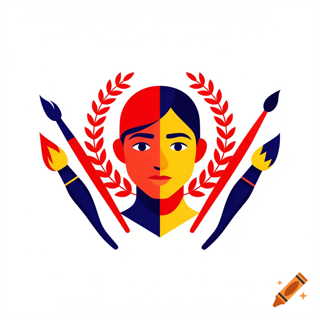 A vibrant, minimalist digital avatar featuring a person's head split in red and yellow, flanked by paintbrushes and a red laurel wreath.