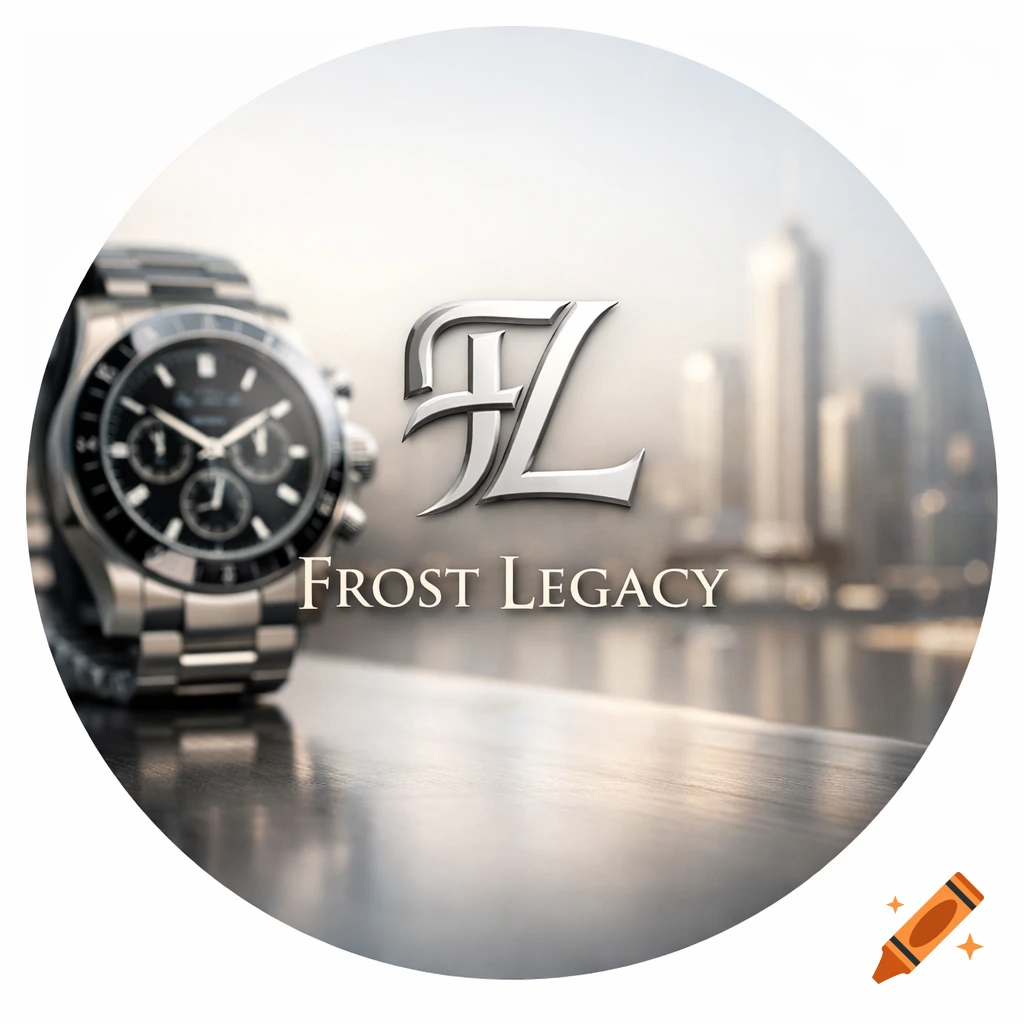 Close-up of a silver luxury watch with a 'FL Frost Legacy' logo in front of a blurred city skyline.
