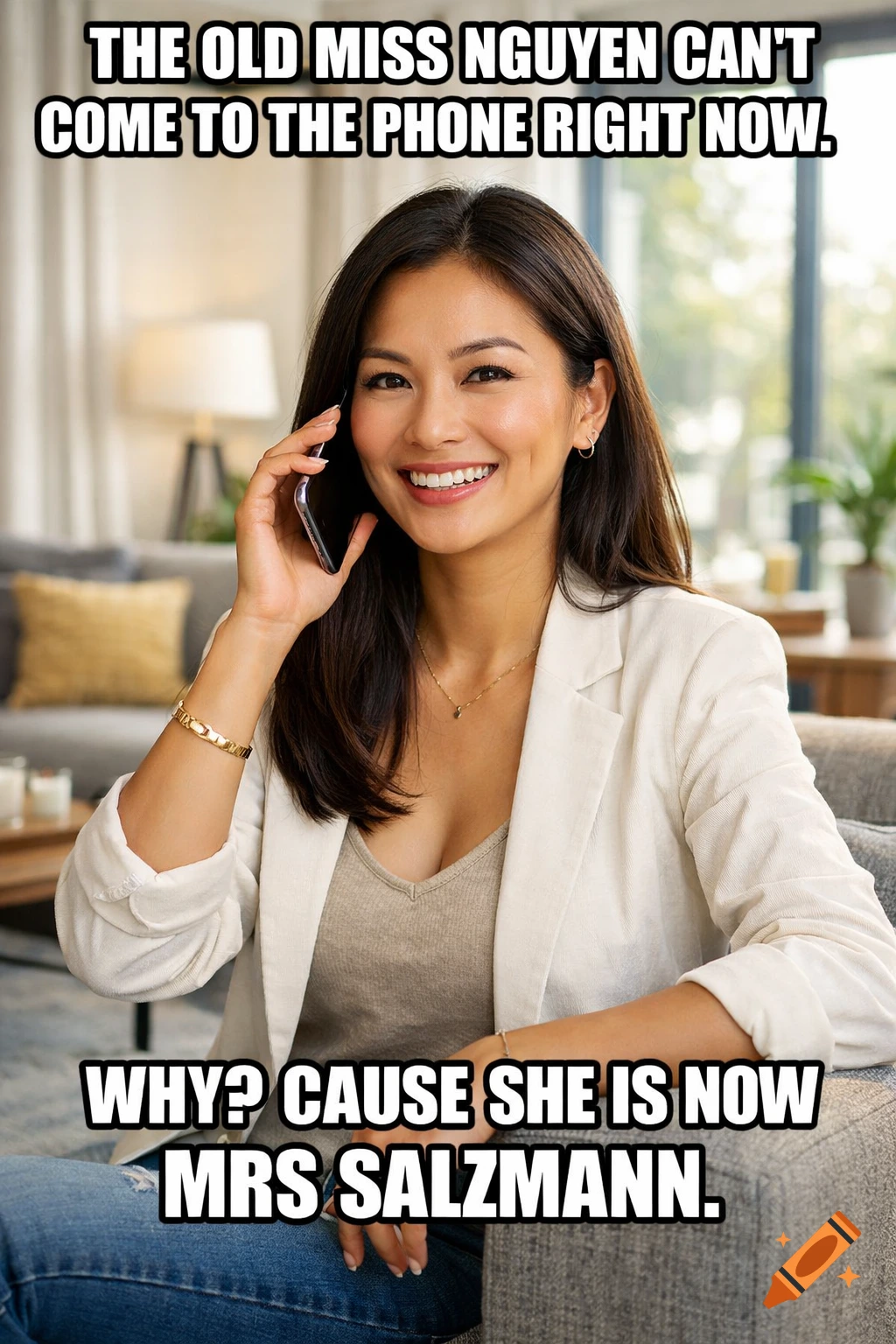 Smiling woman on phone, with meme text about Miss Nguyen becoming Mrs Salzmann.