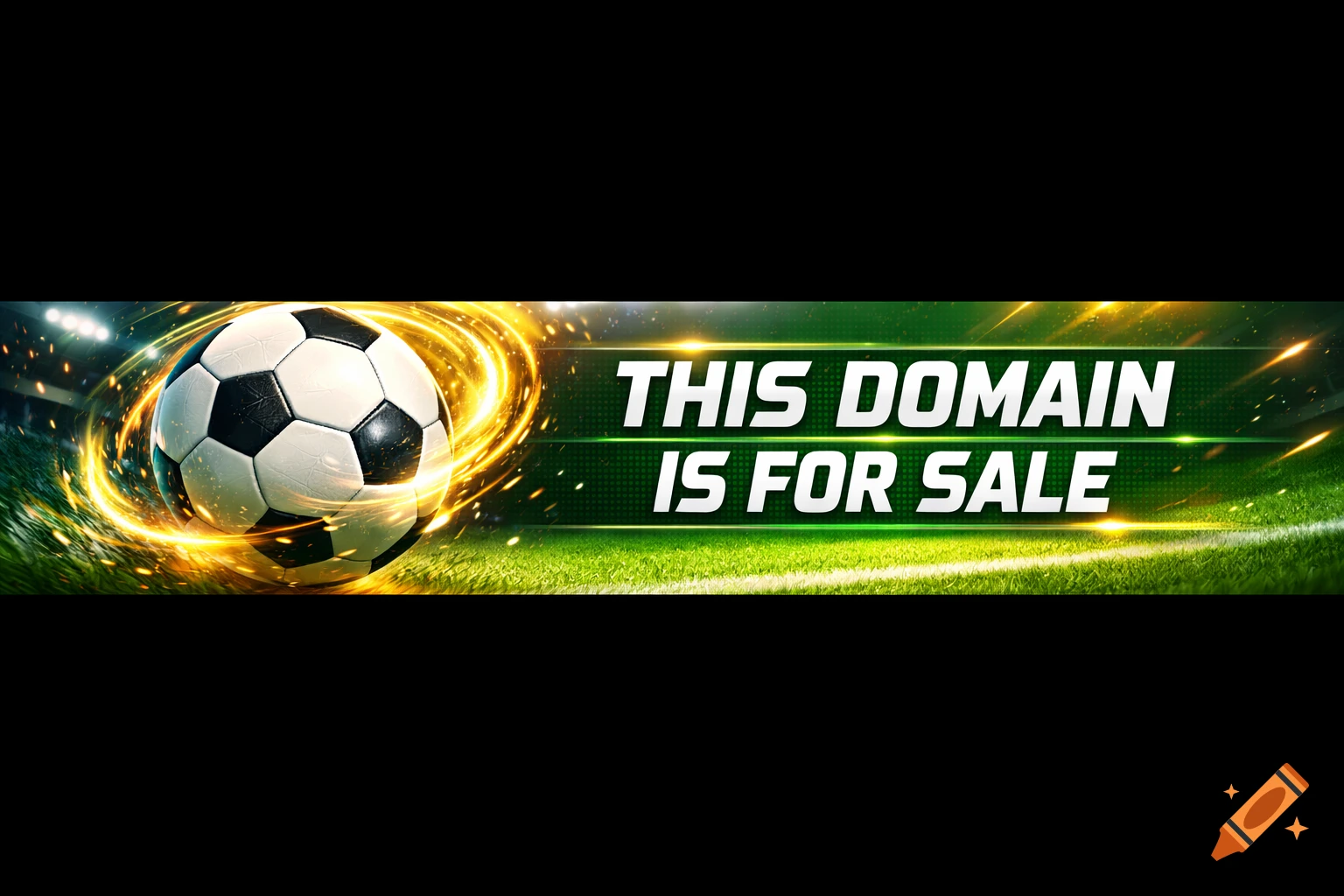 A soccer ball with golden light trails on a green stadium field background, with text 'THIS DOMAIN IS FOR SALE' on a banner.