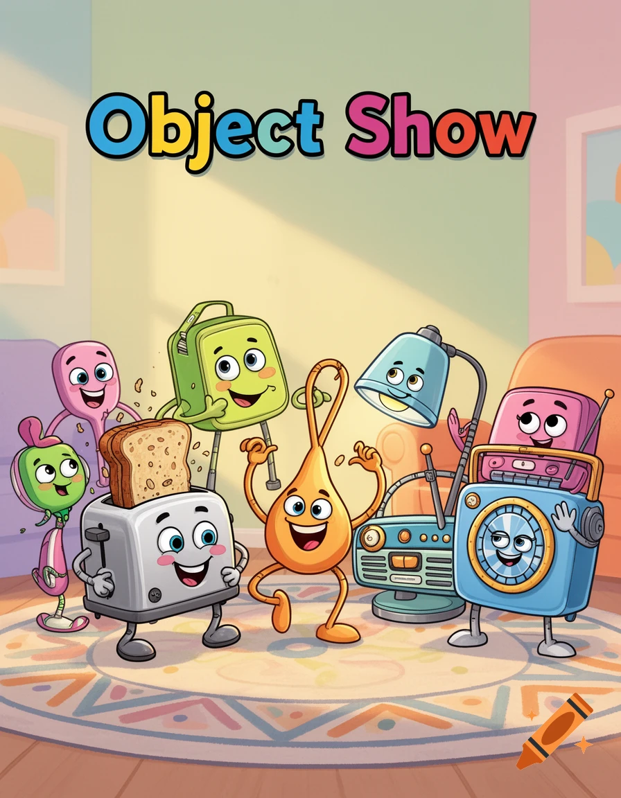 A colorful cartoon illustration of various anthropomorphic household ...