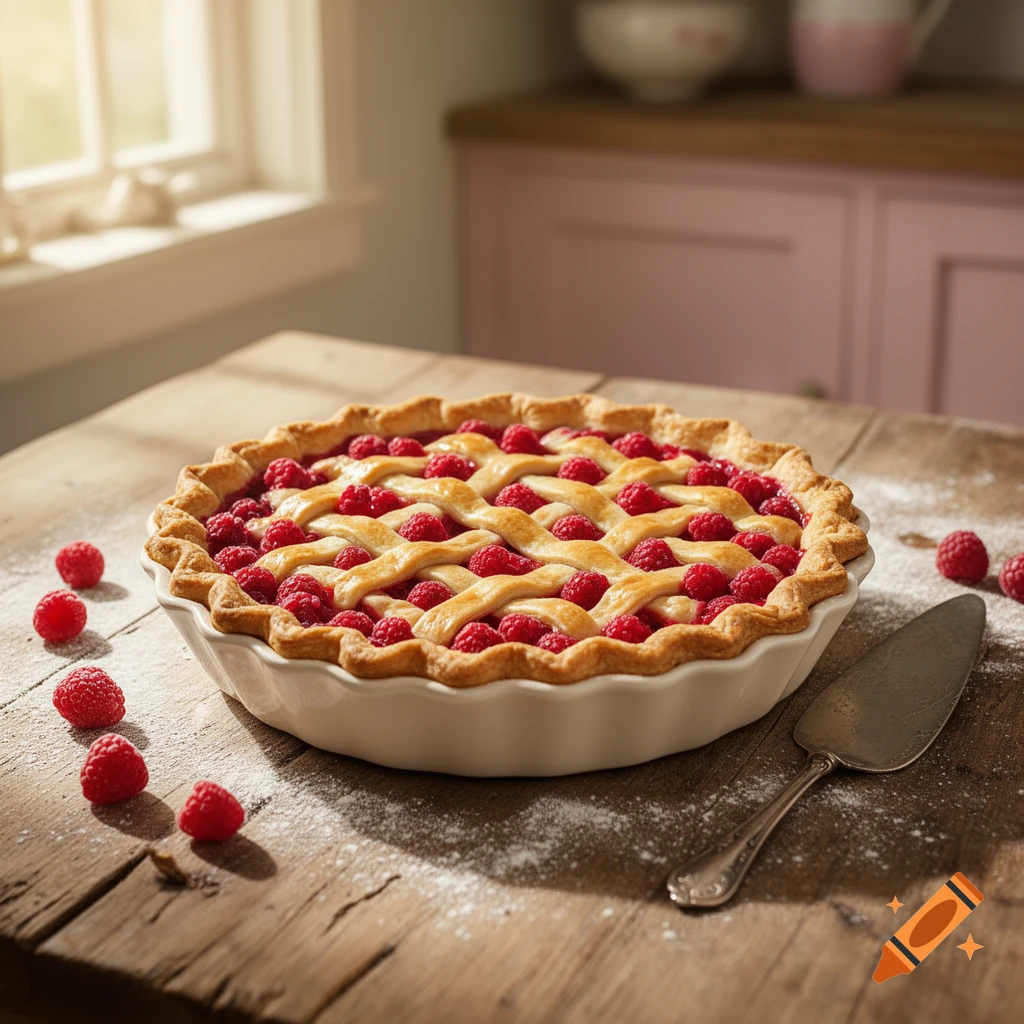 Photorealistic image of a freshly baked raspberry pie with a lattice crust on a rustic wooden table, surrounded by loose raspberries and powdered sugar in a sunlit kitchen.