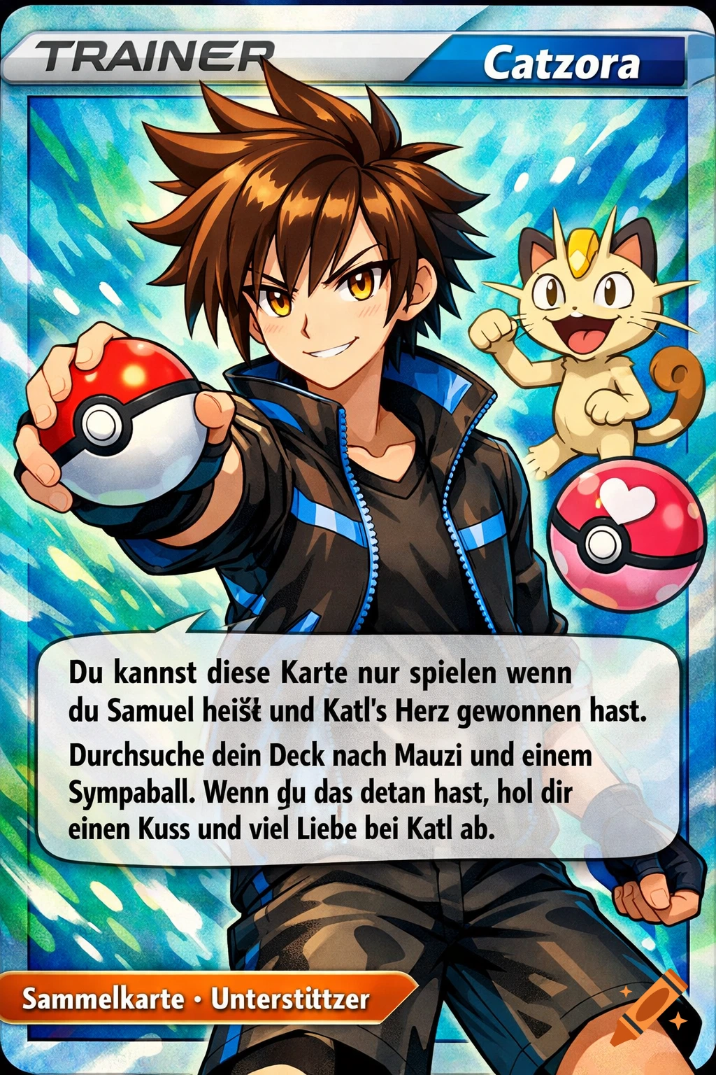 Anime-style Pokémon trainer card featuring a boy holding a Pokéball, with a Meowth, and German text.