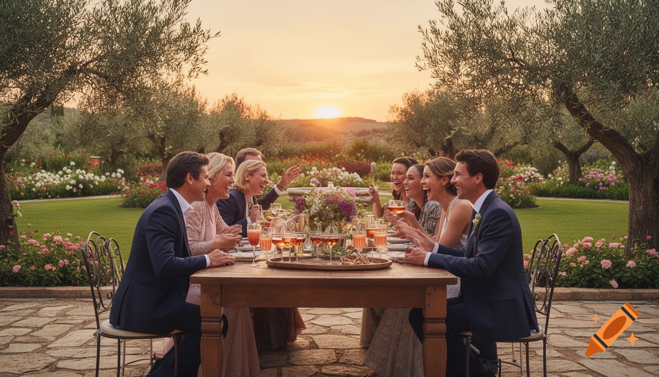 A group of people laughing and socializing at a long outdoor dining table surrounded by olive trees and flowers during sunset.