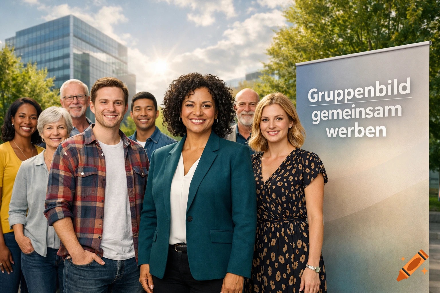 A diverse group of smiling people, including men and women of various ages, stand outdoors in front of a modern building and a banner.