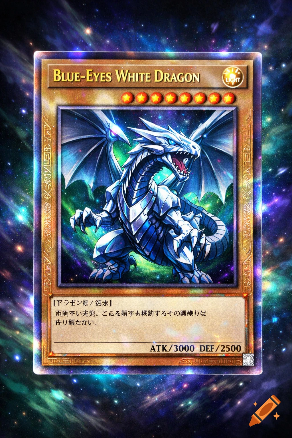 A colorful Yu-Gi-Oh! trading card for "Blue-Eyes White Dragon" with cosmic background, featuring a white and blue dragon.