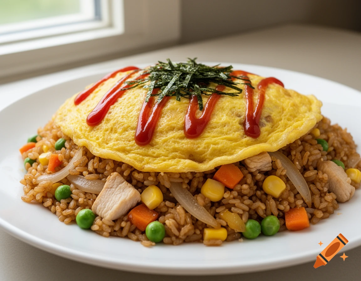 Close-up of omelette fried rice with chicken, vegetables, topped with a bright yellow omelette, ketchup drizzle, and shredded seaweed.