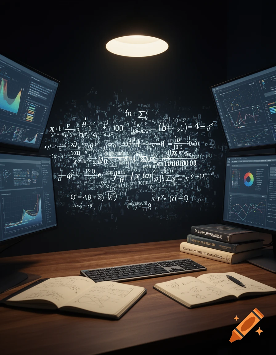 A desk setup with four monitors displaying data analytics graphs. The wall behind is covered in glowing mathematical equations. Books and notebooks with scribbles are on the wooden desk with a keyboard, under a bright ceiling light.