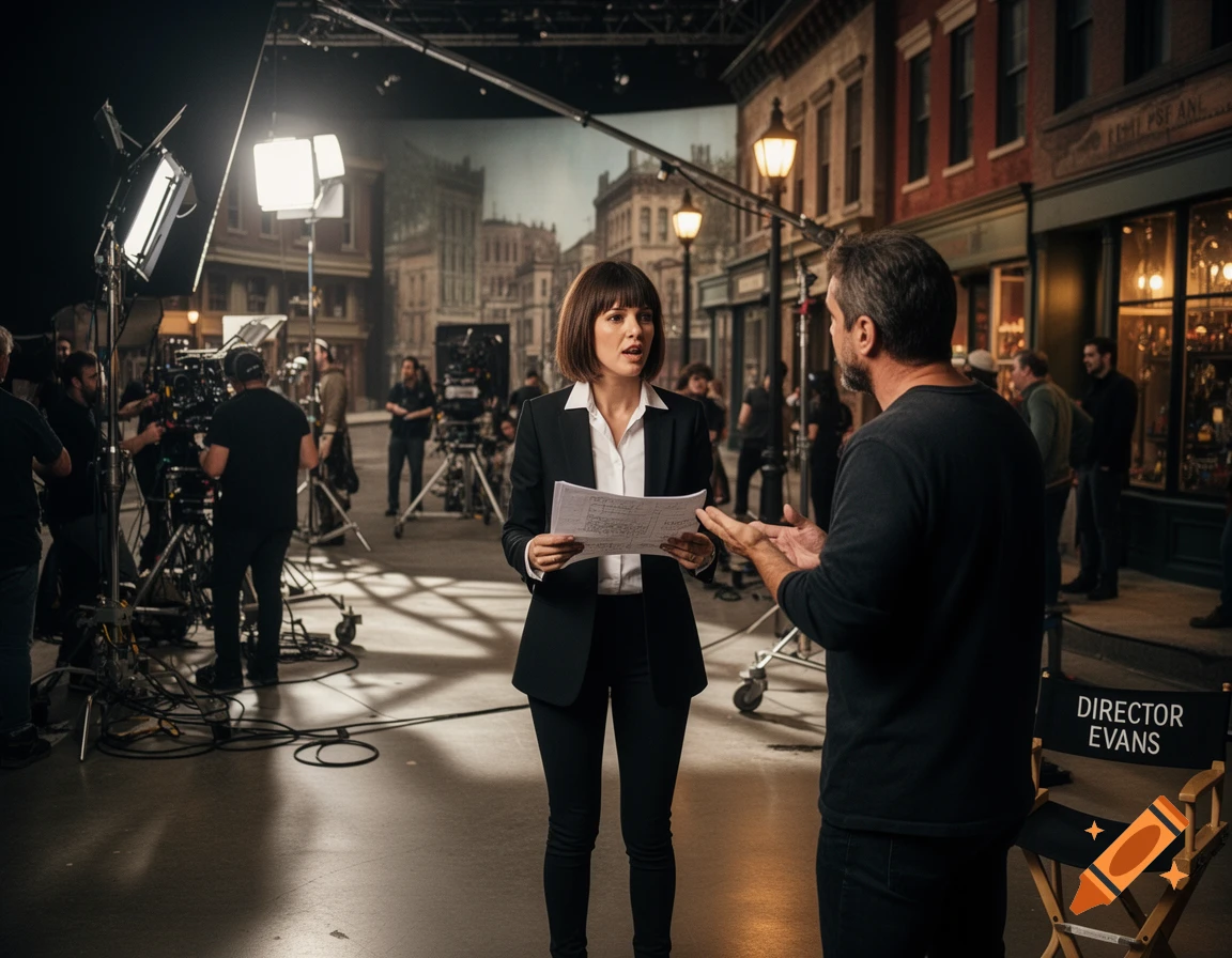 A female director in a black suit holds papers, talking to a man on a movie set with lights, cameras, and a detailed city backdrop.