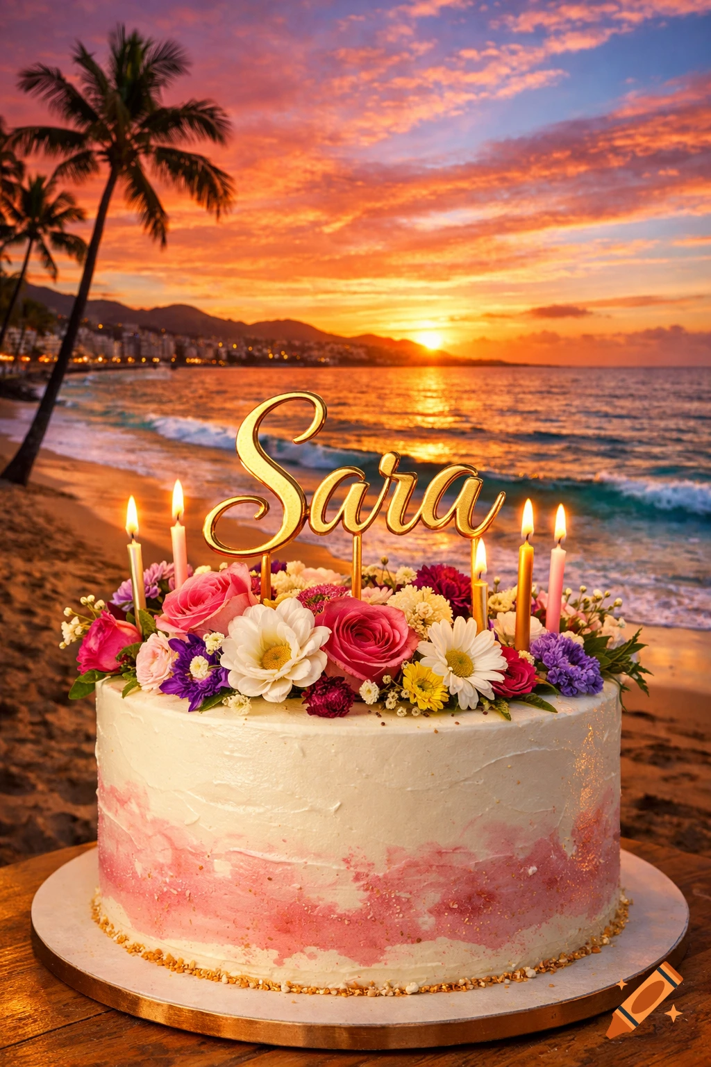 A birthday cake with fresh flowers and "Sara" in gold letters, set on a beach with palm trees at sunset.