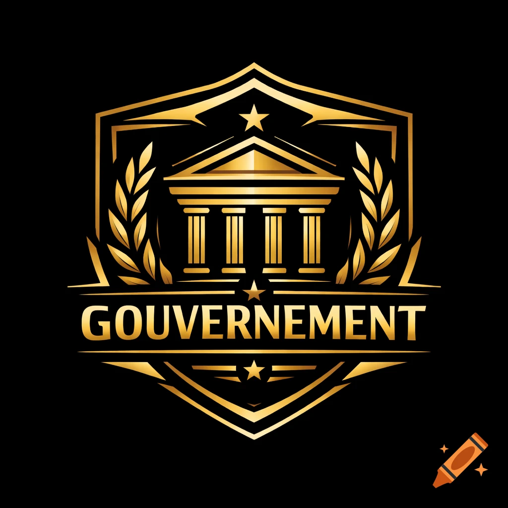 Gold logo with a classical government building, laurel wreaths, stars, and 'GOUVERNEMENT' on a black background.