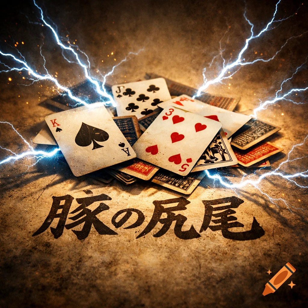 A pile of worn playing cards, including a King of Spades, Ace of Spades, Jack of Clubs, and Three and Five of Hearts, surrounded by bright blue lightning bolts on a textured surface with Japanese characters.