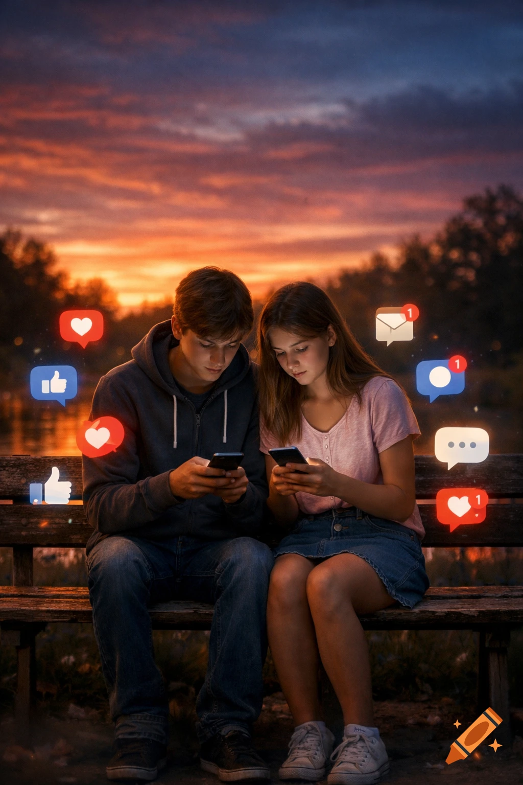 A teenage couple sits on a park bench at sunset, both looking at their smartphones, surrounded by glowing social media icons.