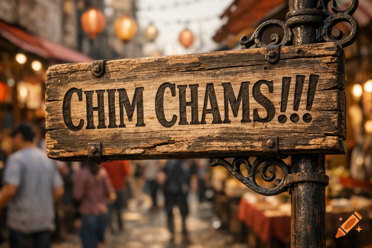 A rustic wooden sign reading "CHIM CHAMS!!!" hangs from an ornate pole in a bustling, blurred market street.
