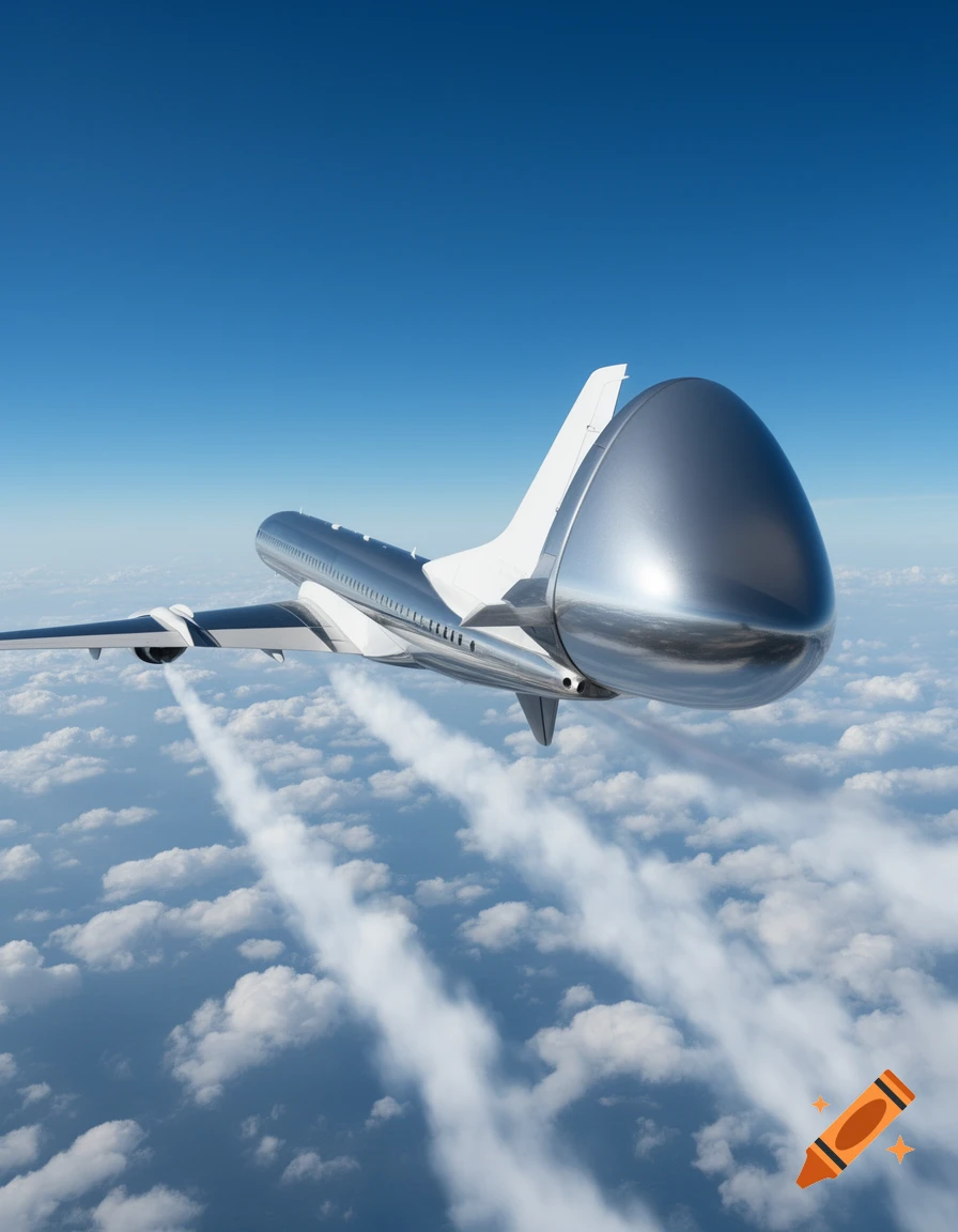 A futuristic, sleek silver jet with a rounded tail flies above clouds, leaving contrails in a clear blue sky.