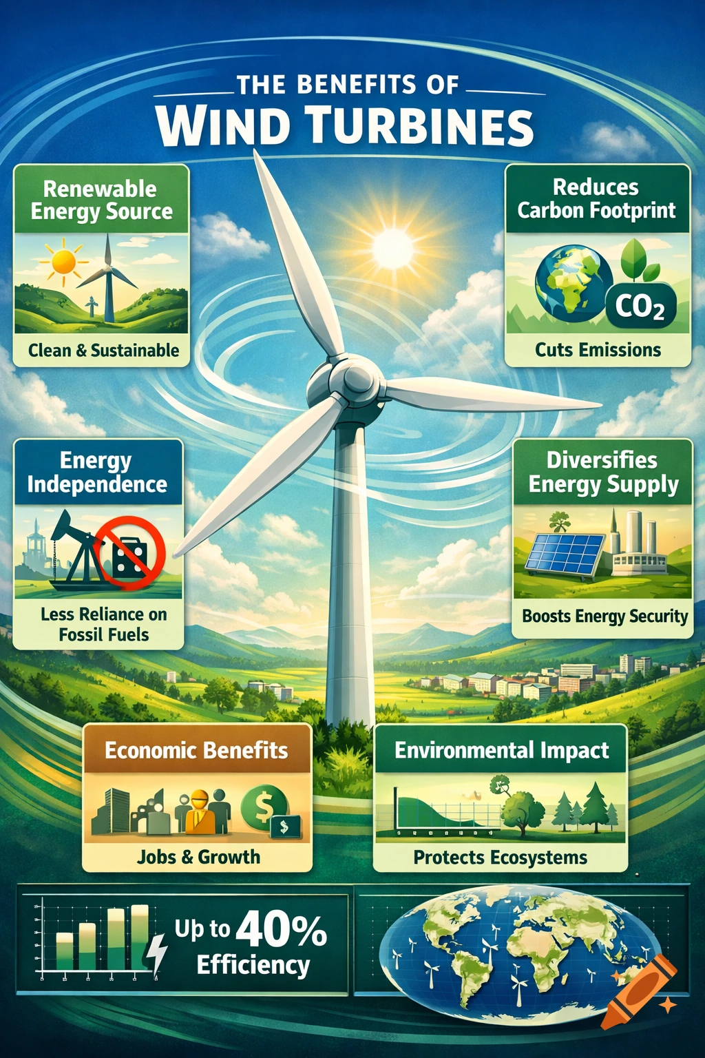 An infographic detailing the benefits of wind turbines, featuring a large central turbine surrounded by panels illustrating concepts like renewable energy, carbon footprint reduction, energy independence, economic benefits, and environmental impact.