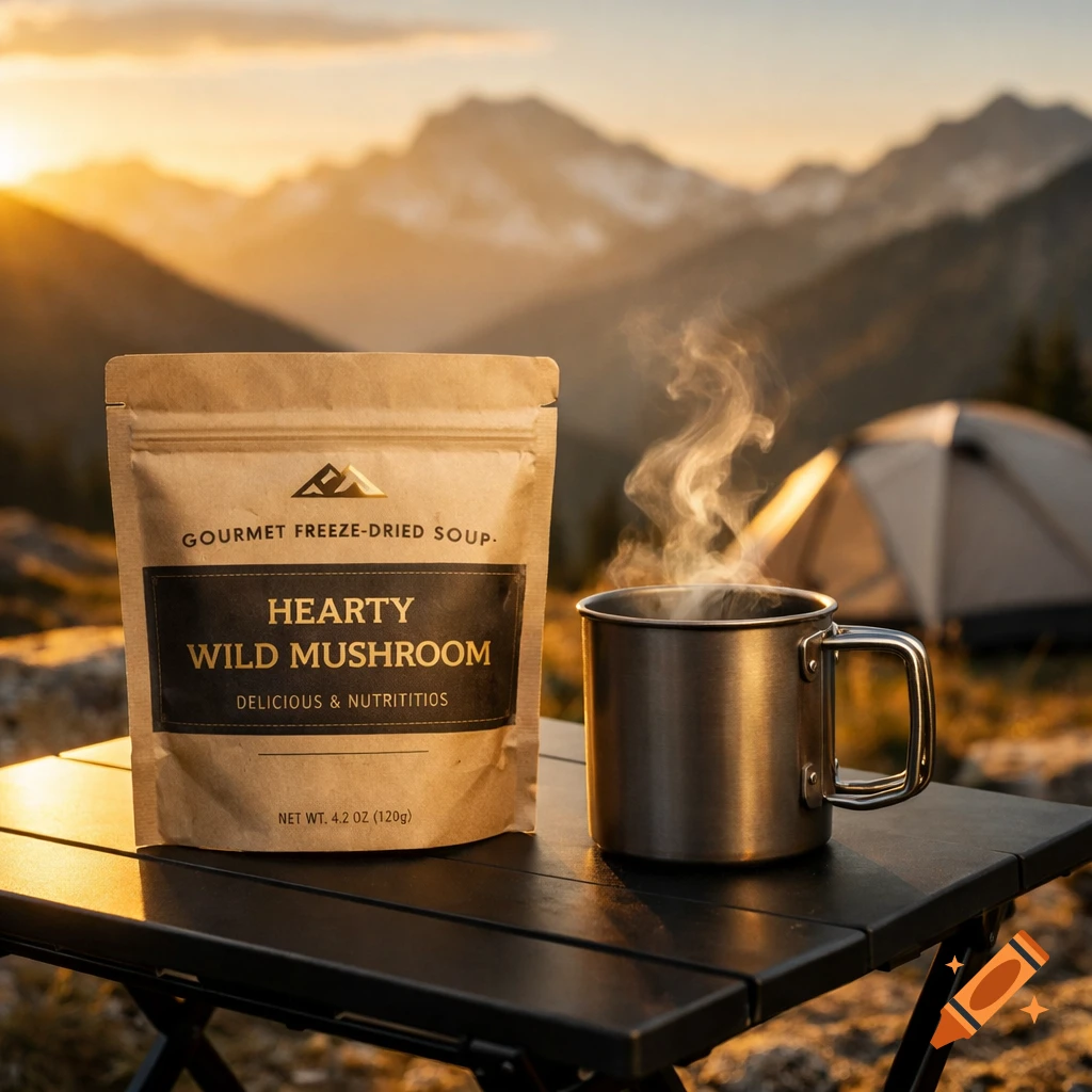 Photorealistic product photo of a freeze-dried soup package and steaming mug on a camping table, with mountains and a tent at golden hour.