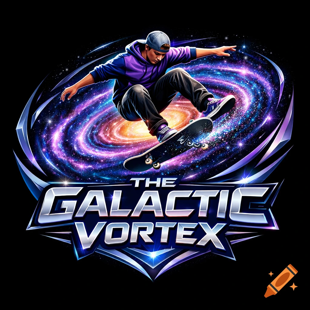 Stylized logo featuring a skateboarder performing a trick against a cosmic galactic vortex, with the text 'THE GALACTIC VORTEX'.