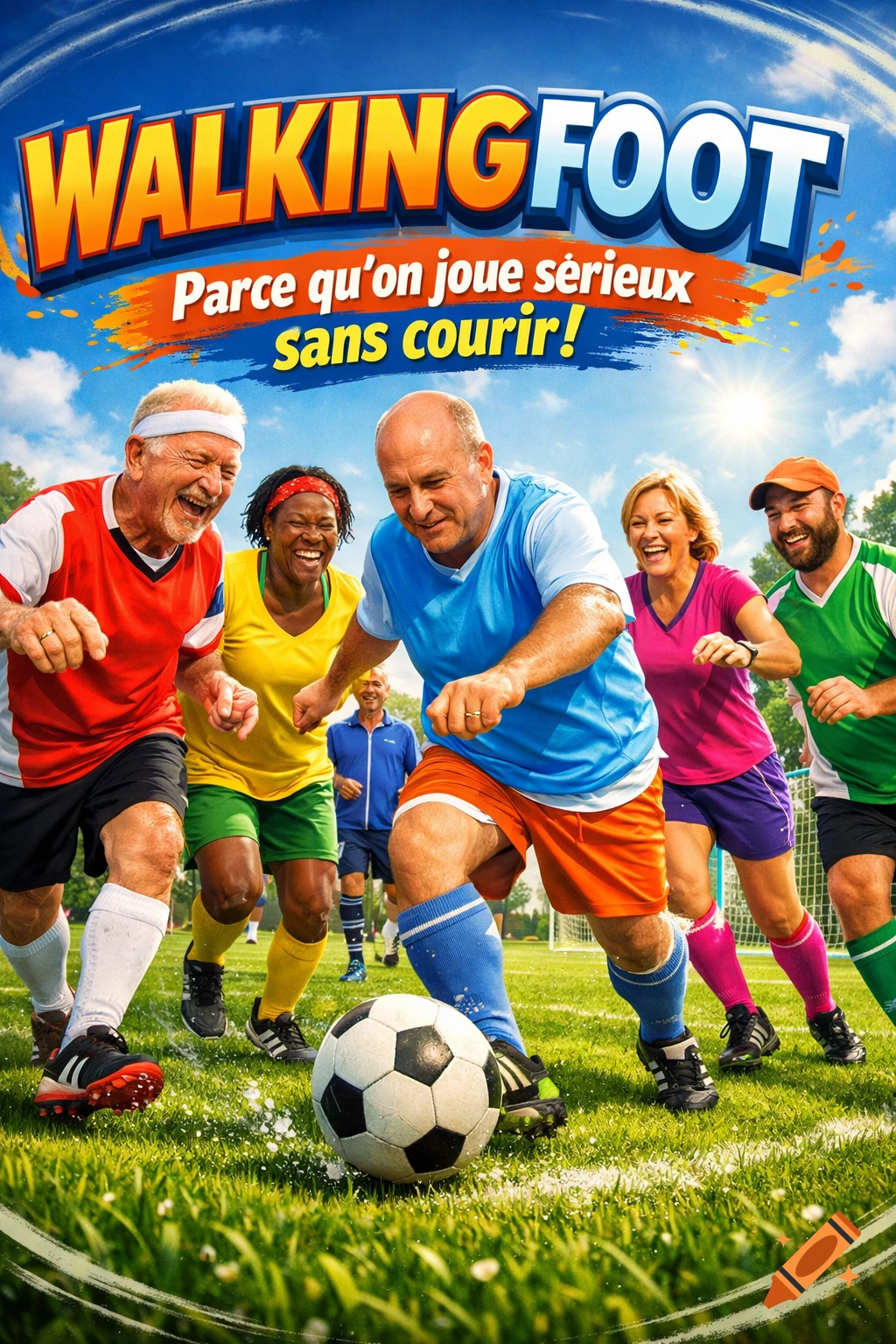 Vibrant poster of smiling adults playing walking football on a sunny field, with 'WALKING FOOT' title and slogan.
