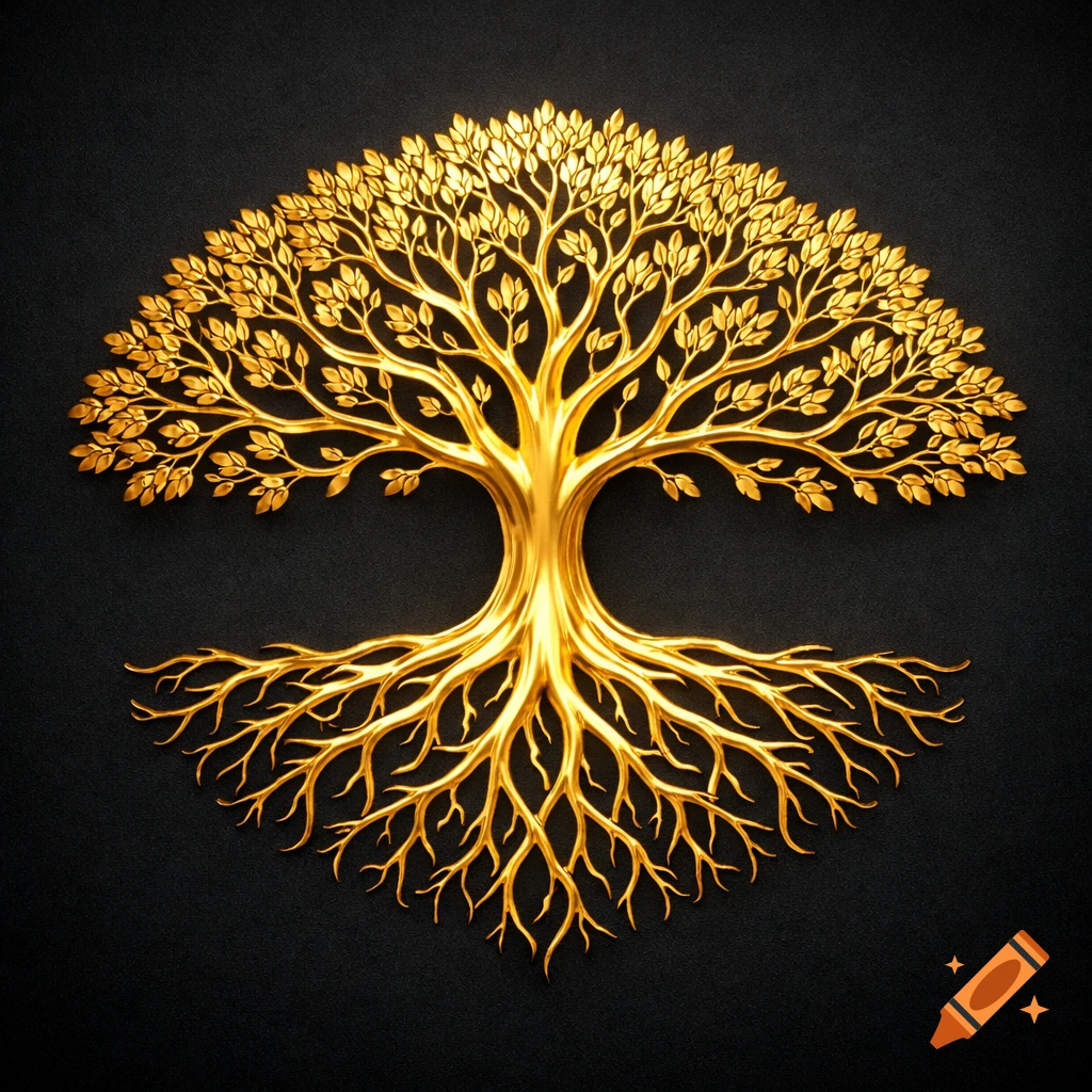 A stylized golden tree of life with a full canopy of leaves and intricate roots, set against a dark textured background.