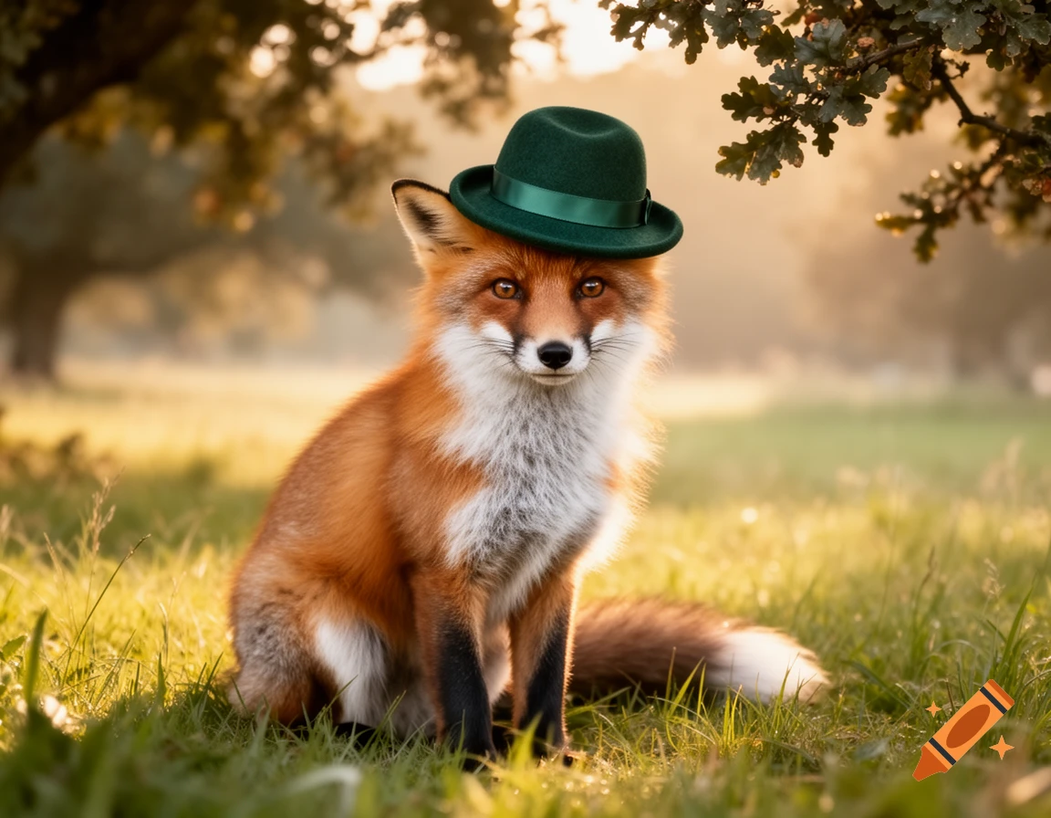 A photorealistic red fox wearing a green bowler hat sits in a sunny, grassy field with blurred trees in the background.