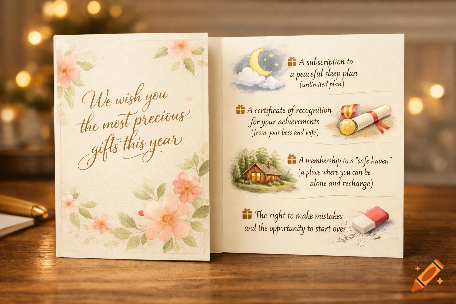 An open greeting card on a wooden table. The left page has watercolor flowers and text 'We wish you the most precious gifts this year.' The right page lists four illustrated gifts.