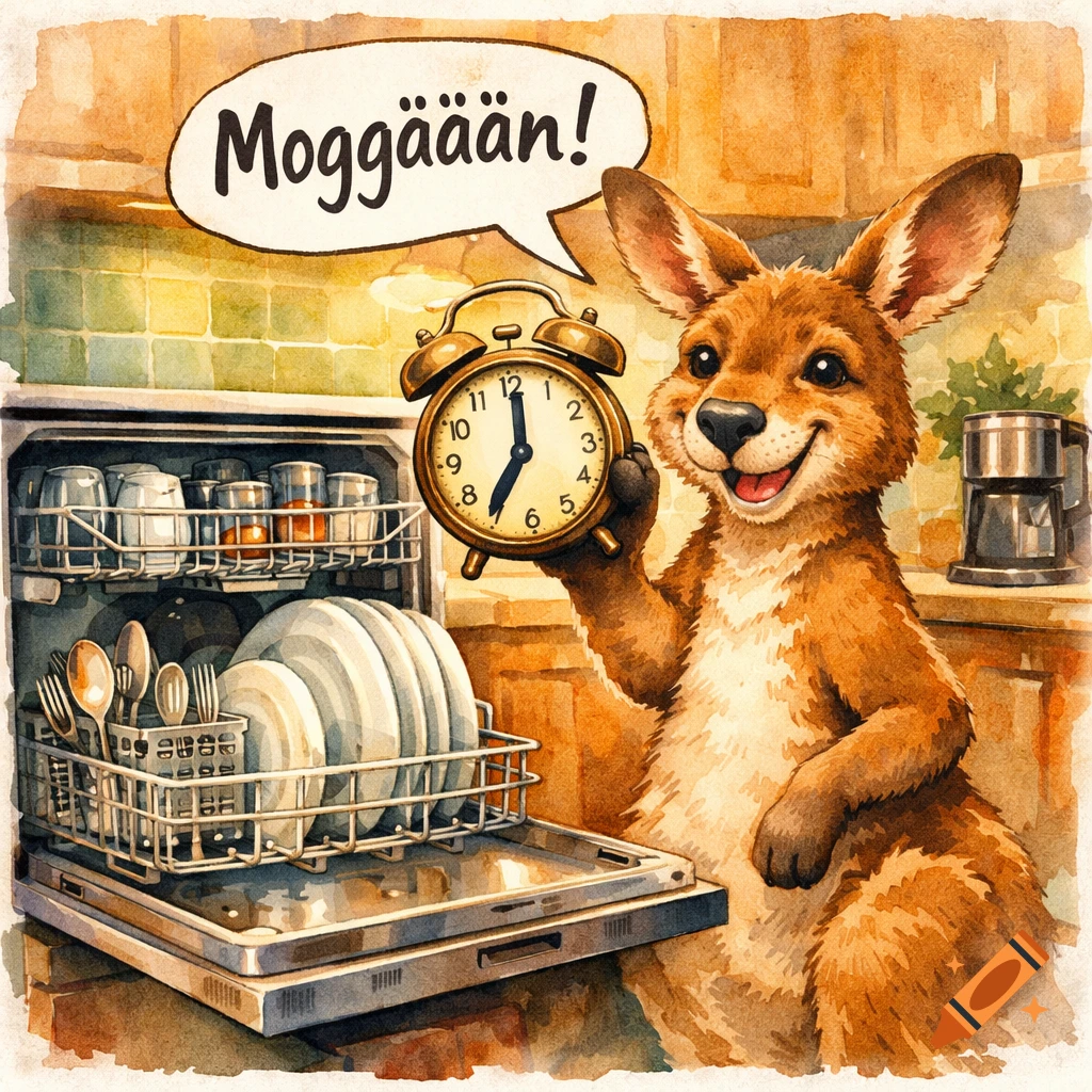A watercolor cartoon kangaroo smiles in a kitchen, holding an alarm clock and saying 'Moggääään!' from an open dishwasher.