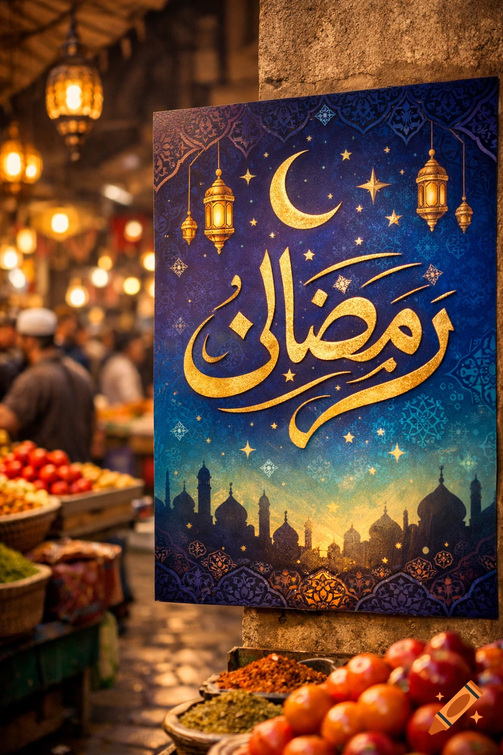 A vibrant blue Ramadan poster with golden Arabic calligraphy hangs in a bustling market scene with lanterns and produce.