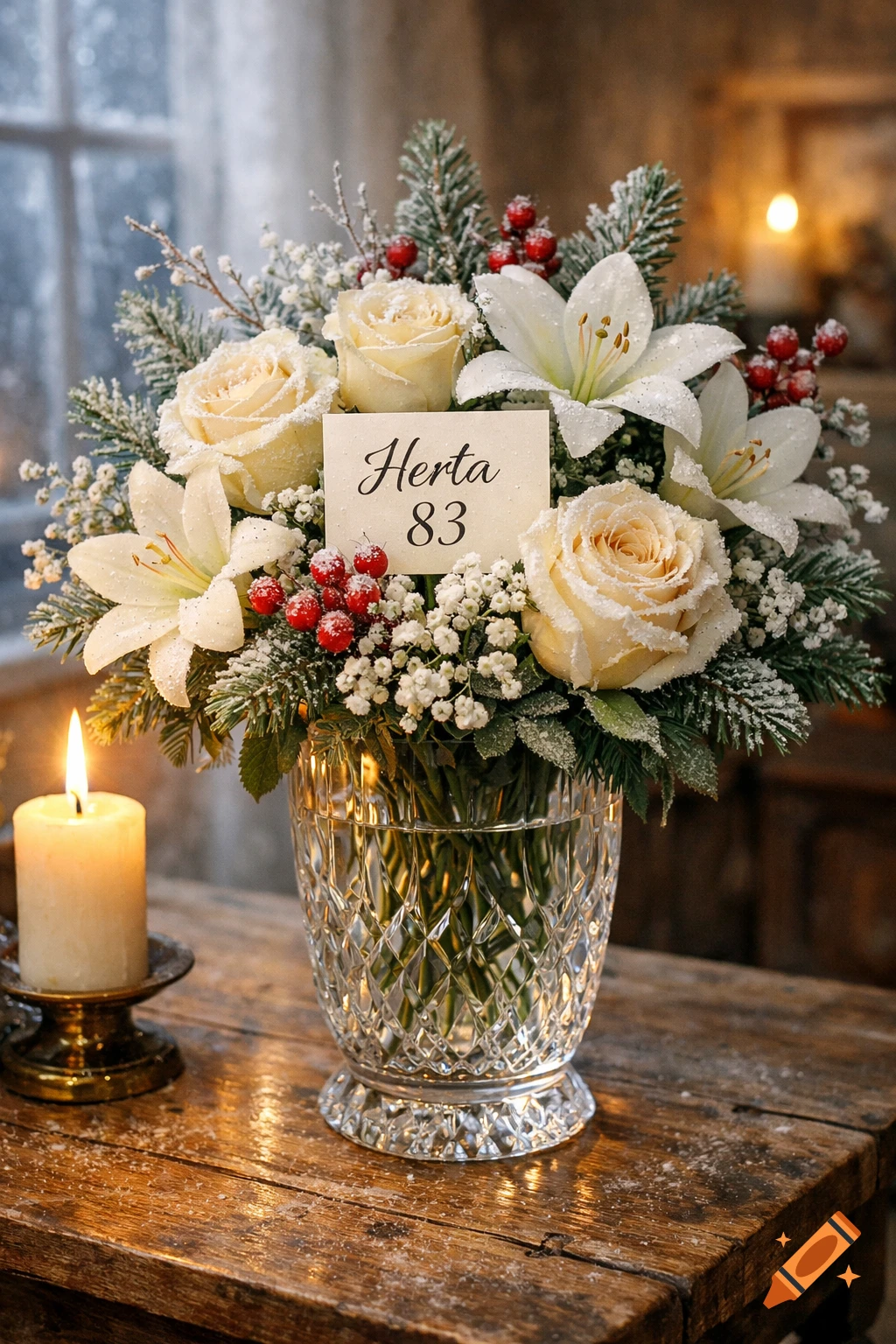 Winter floral arrangement with white roses, lilies, red berries, and evergreens in a crystal vase on a wooden table with a lit candle. A card reads 'Herta 83'.
