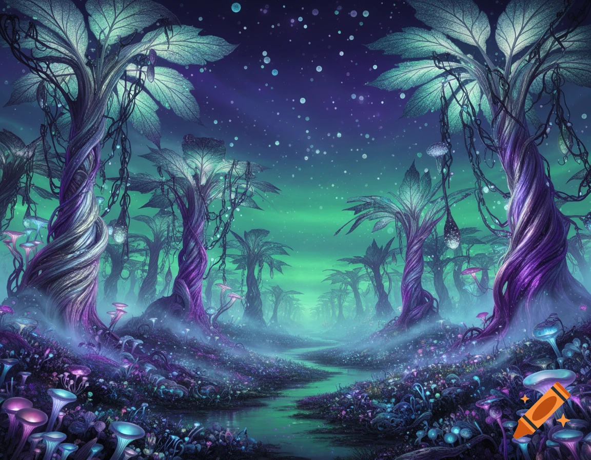 A vibrant, ethereal alien forest at twilight with glowing purple and blue mushrooms and twisted, leafy trees against a green and purple sky.