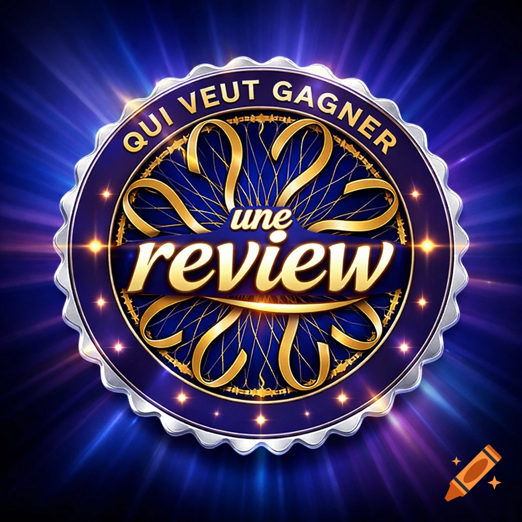 A bright blue and gold logo resembling the 'Who Wants to Be a Millionaire' emblem, featuring the text 'QUI VEUT GAGNER une review'.