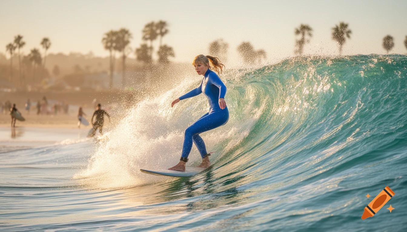 A woman in a blue wetsuit surfs on a large wave at sunset, with palm trees and a beach in the blurred background. Photorealistic.