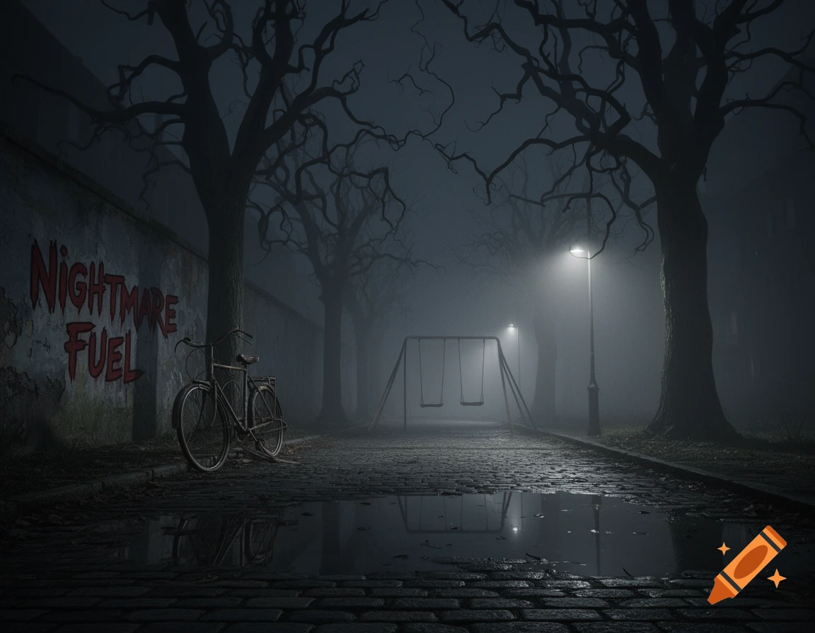A dark and foggy park scene with bare trees, a swing set, an old bicycle, and "NIGHTMARE FUEL" graffiti on a wall.